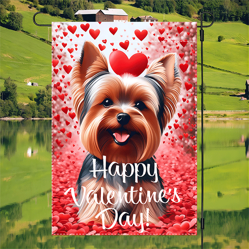 

1pc Yorkshire Terrier Valentine's Day Garden Flag - 12x18 Inch, Double-sided, Waterproof Polyester With , Outdoor Home & Garden Decoration, Dog Garden Flag