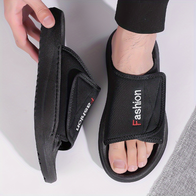 mens   slide sandals adjustable hook loop closure non slip eva sole breathable fabric upper indoor outdoor use ideal for beach holiday wear beach footwear  able slippers flexible cushioning beach shoe Product details 5