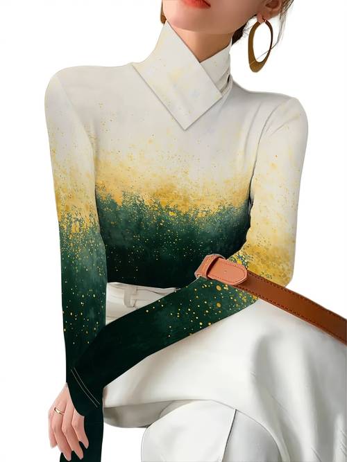item picture womens cross over half turtleneck long sleeve top with green golden gradient ink splatter art print fit flattering top for an look t shirt