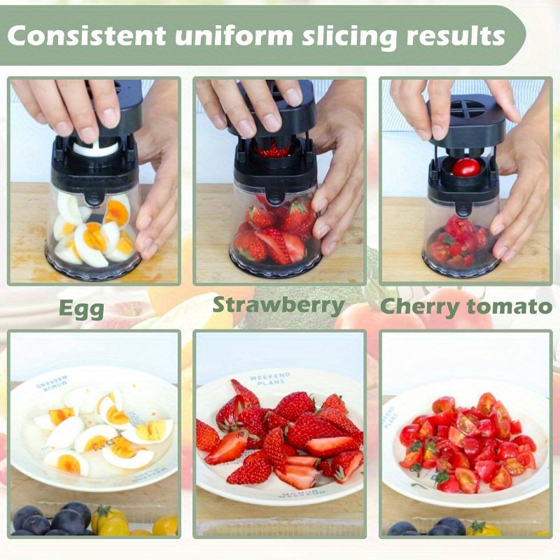stainless steel fruit   cutter - manual multi-compartment egg & fruit slicer for banana, grape, strawberry - durable kitchen gadget for   meal prep, fruit slicer and chopper details 3