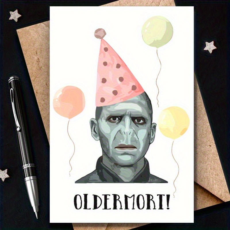 E-shop WB Voldemort Geburtstagskarte mit Umschlag - Lustige "Oldermort" Grußkarte, Bunte Ballons & Partyhut Design für Ostern, Geburtstage, Fans -