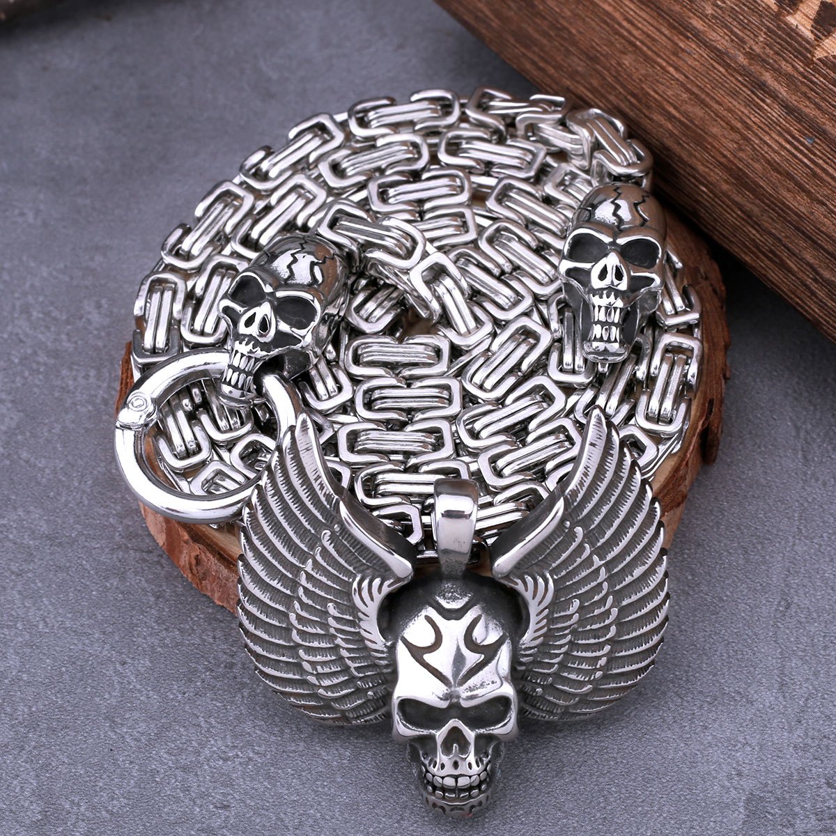 Image of Stainless Head Skull Pendant With Skull Square Necklace Men's Fashion Gothic Pendant Necklace Biker Hip Hop Jewelry