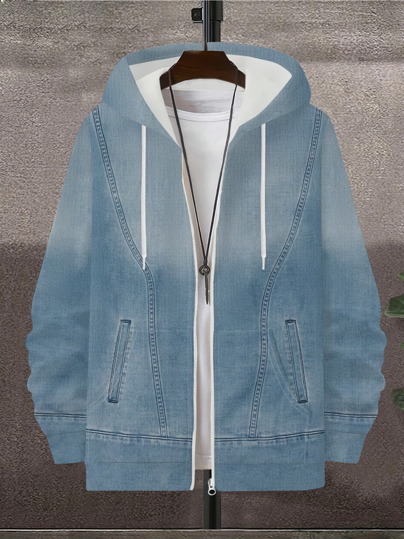 Men's Fashion Imitation Denim Zip-Up Hoodie Casual Versatile Trendy Street Style Cardigan Jacket