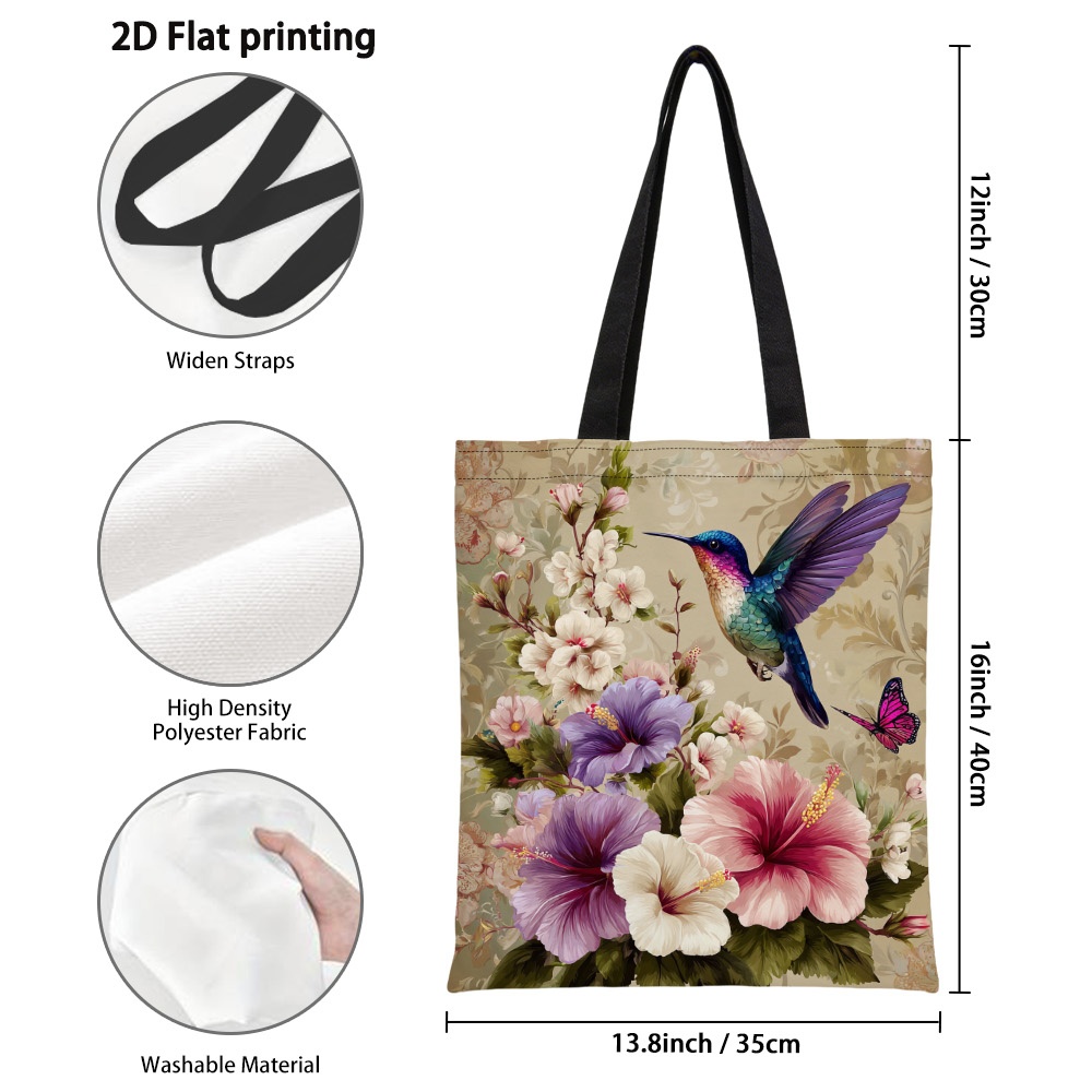 TEMU 1 sac spacieux avec motif et fleurs d'hibiscus - Sacs d'épicerie réutilisables avec impression 2D , sac à main durable à à l'épaule pour le
