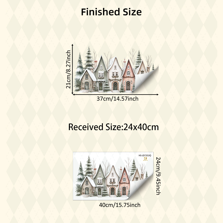 TEMU 1pc Winter Christmas Window Clings, Soft Watercolor Houses Pattern, Snow Covered Pine Trees & Xmas Wreath, Shop Window Glass Decor