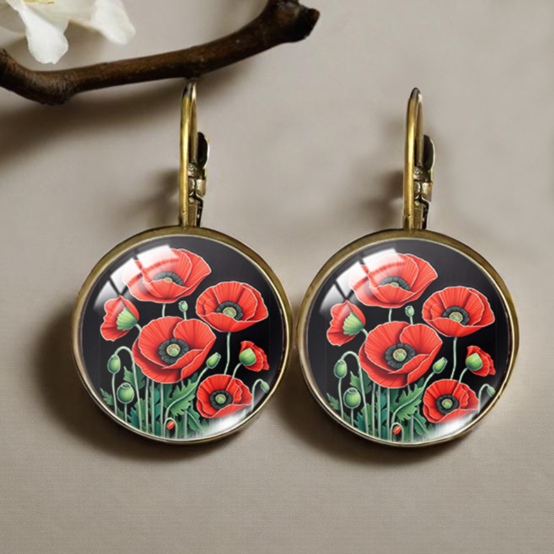 TEMU Round Glass Vintage Earrings Featuring A Red Poppy Flower Pattern, A Perfect Gift For , Without Battery