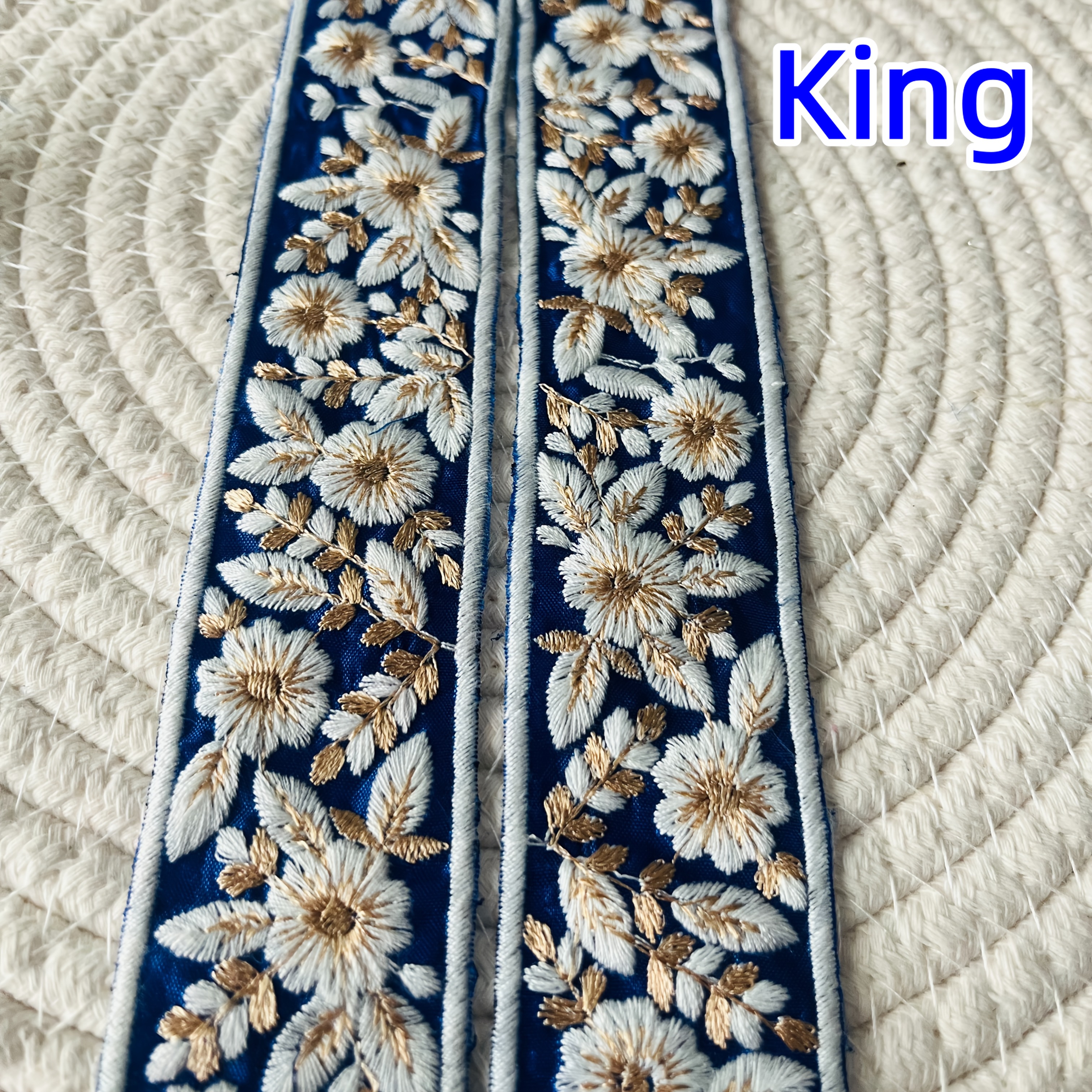 TEMU Elegant Floral Lace Trim - Blue- Combination With Golden Accents, Exquisite Leaf Design - Clothing, Hanfu, Skirts, Sewing Handicrafts, Used For