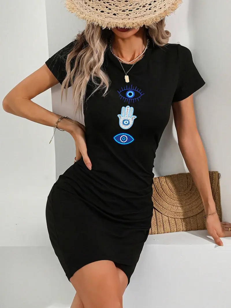 tight fitted shirt dress Women's Ruched T-Shirt Dress Summer Bodycon Mini Dress Short Sleeve Wrap Crewneck Fitted Tee Dress