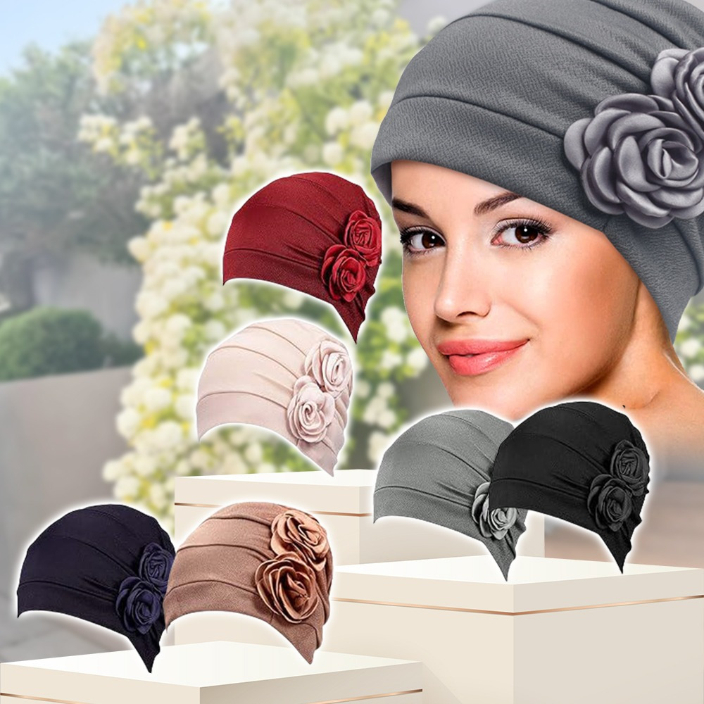 6 Pcs Soft Stretchy Chemo Headwear Turbans for Women - Solid Beanie & Flower 6 Pieces Chemo Turbans for Women Chemo Headwear Flower Cap  main image 4