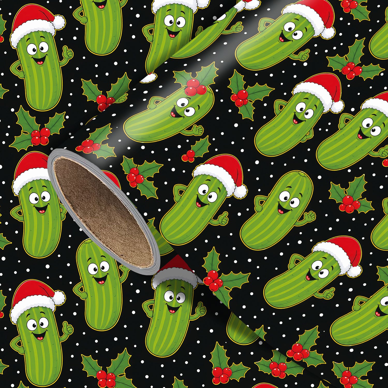 TEMU Rouleau de de Noël Cornichons - 17.7 X 118 pouces, de Noël amusant avec des cornichons mignons, des chapeaux de Père Noël, des de houx, des de