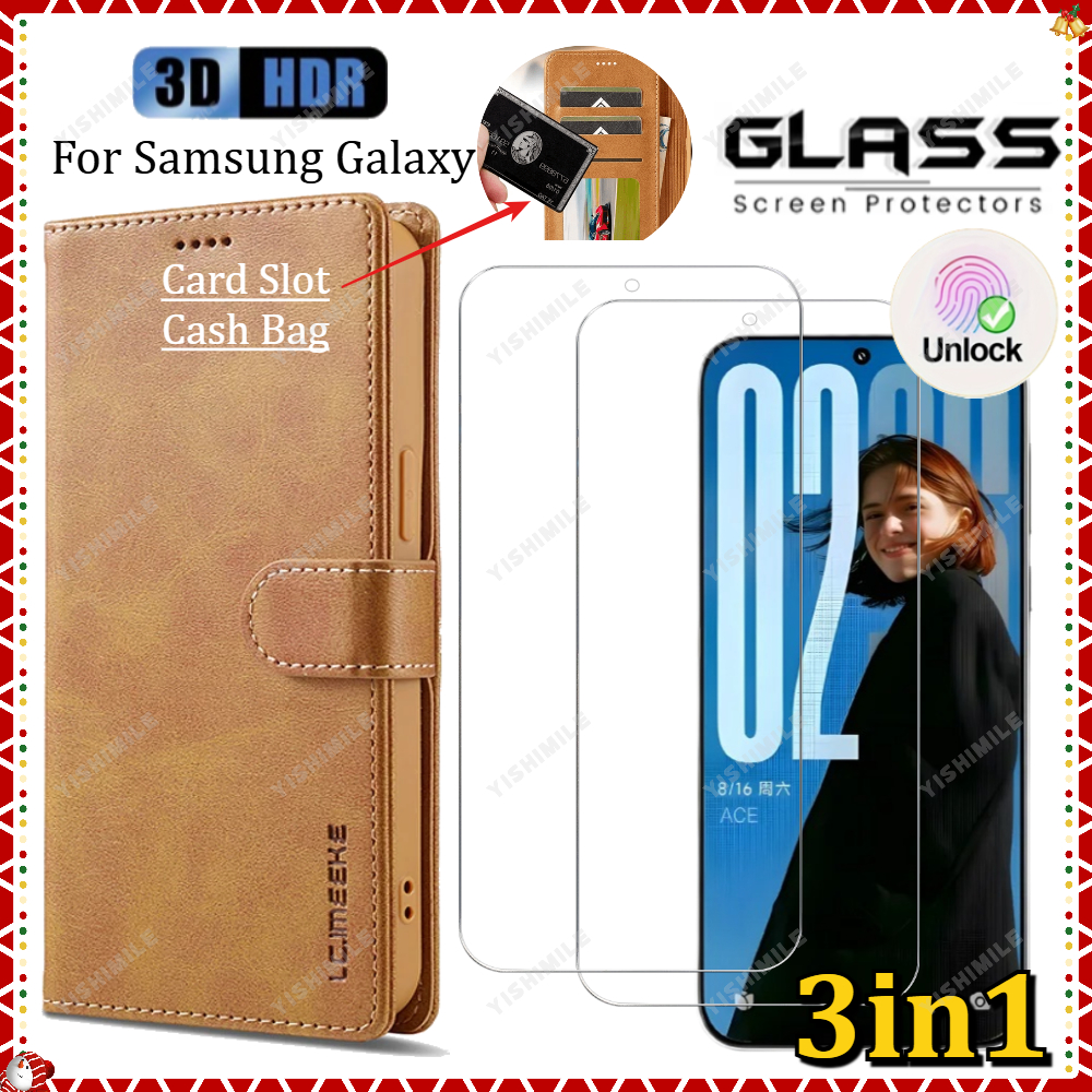 TEMU [3in1] 1pc Brown Flip Phone Case With Cards Bag/cash Slot 2pcs Hd Tempered Glass Screen Protectors, For Galaxy S22 S22  S23 S23  S24 S24  S24u