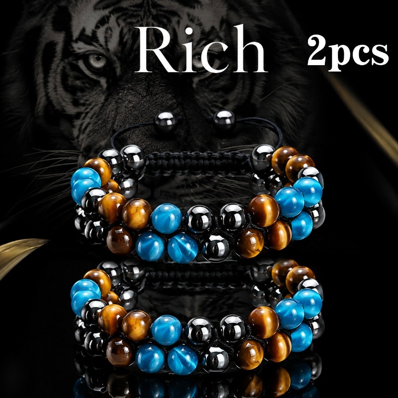 TEMU 2pcs/set Bracelet 8mm Eye Hematite Black Stone Natural Stone Unisex Bracelet Gift
