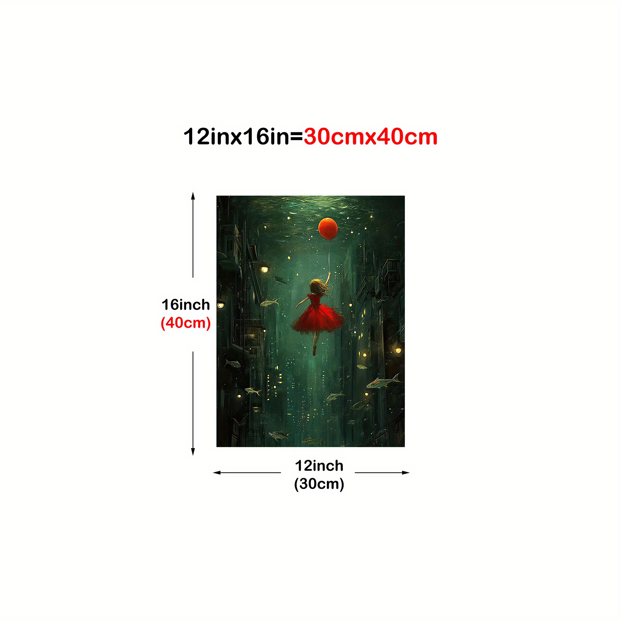 TEMU 1pc Frameless Dream Cityscape Canvas Art – Whimsical Dress & Floating Fish, Imaginative Underwater Scene With Balloons & Stars, Bedroom, Dorm,