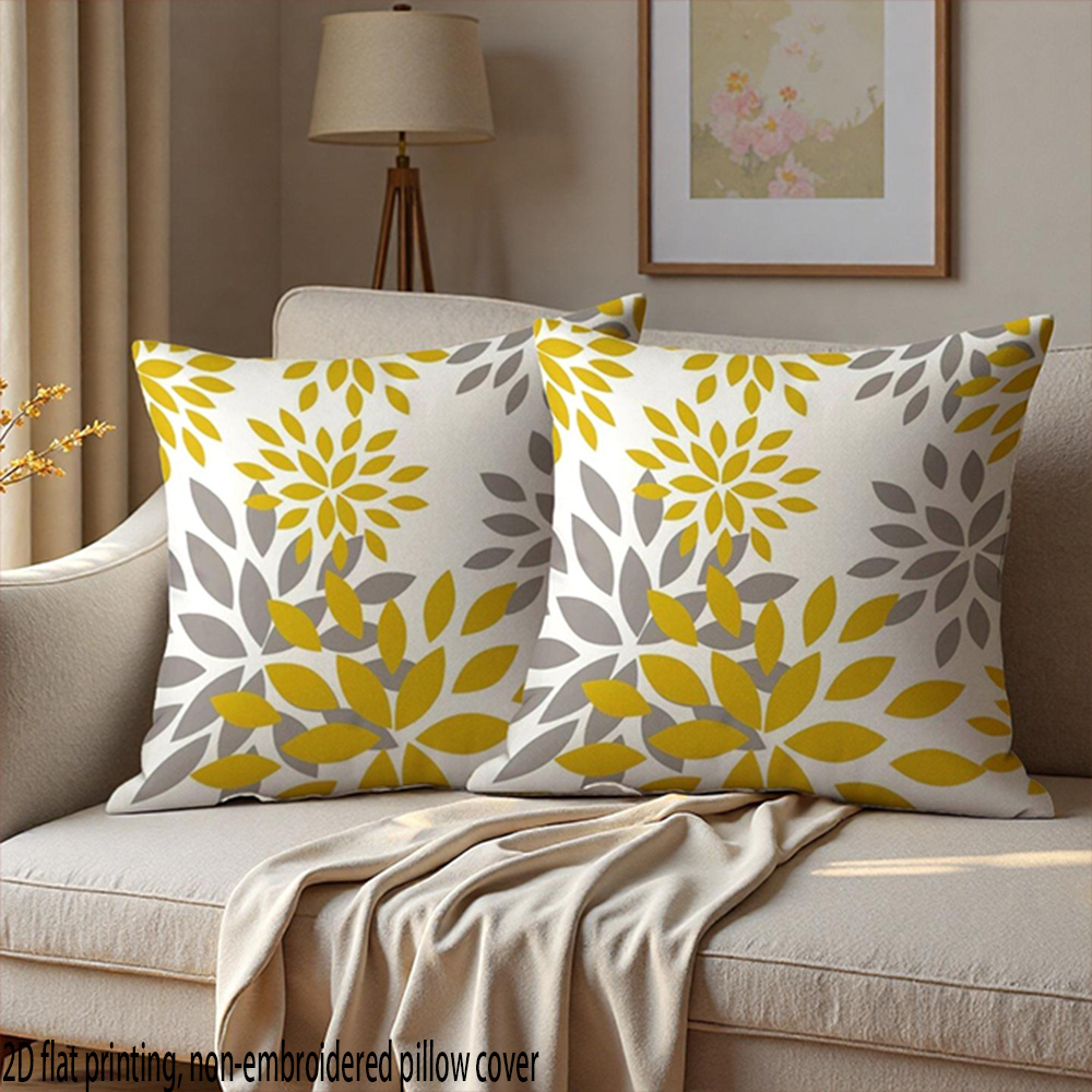 TEMU 2d Flat 2pcs Nordic Style Yellow And Gray Floral Print Pillowcases For Living Room Sofa Cushions, Suitable For Daily Decoration, Holidays, Home,