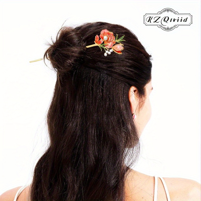 jewelry grade   floral hair stick dual purpose chinese hair clip chopsticks with red floral   everyday hairstyle elegant bridal or personal accessory gift for women Product details 1