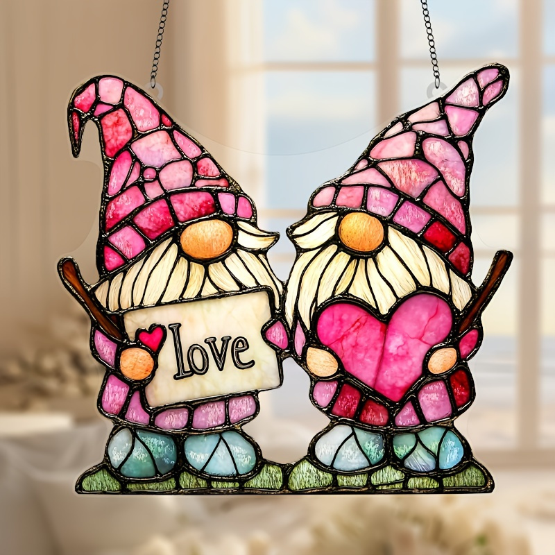 

1pc 's Day Love Gnomes Suncatcher - 7.5"x8" Anniversary , Heart-shaped Couple Decoration, Home & Garden Hanging Ornament