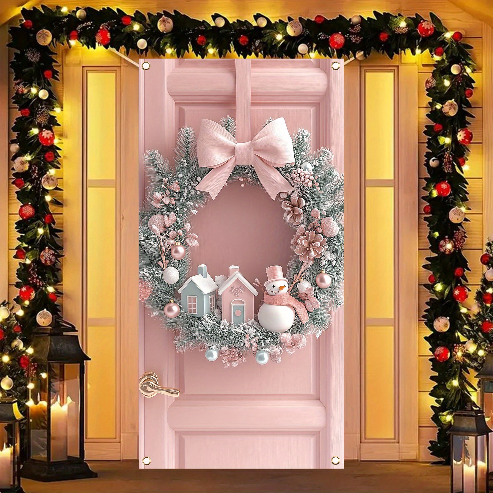 

1pc Modern Polyester Christmas Wreath Door Banner - Snowman & Pink Floral Hanging Decoration, Indoor & Outdoor Decor, No Electricity Required, Featherless, Fit - 35.4x70.8 Inches