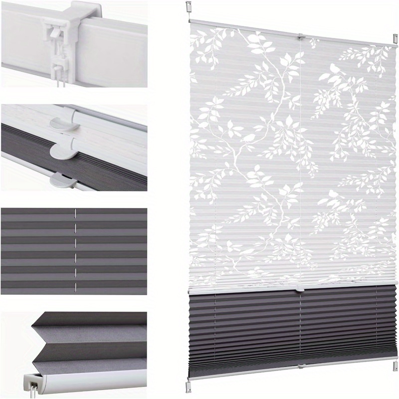 Sekey No-drill Double Pleated Blind, Gray/white Dual Tones Clamp , Light Filtering & Blackout , Polyester Fabric, Thermal & Noise Insulation, Perfect For Bedrooms/living Rooms/offices