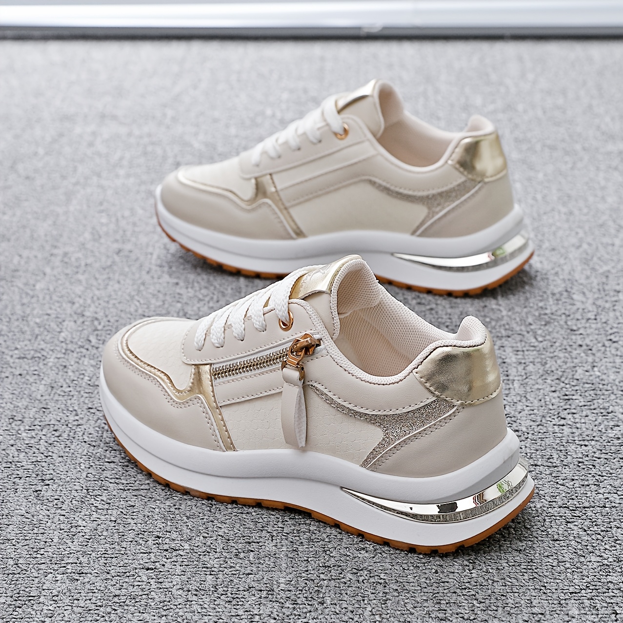 TEMU 2026 Spring New Metal Color-block Casual Women's Shoes, Featuring A Unique Side Zipper Design, Thick-soled Height-increasing Style, Comfortable