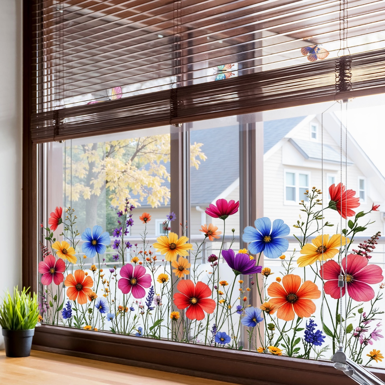 TEMU High Bloemen Scène Statische Glas Sticker, Levendige & Sfeervolle Decoratie Decal voor Woonkamer & Slaapkamer Glas