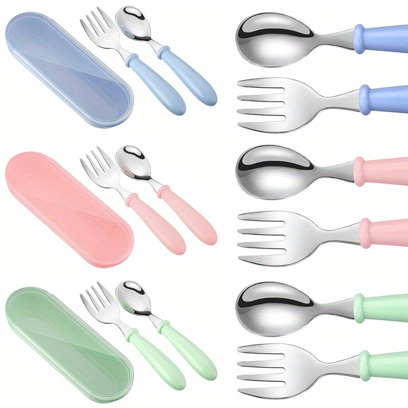 TEMU 3pcs Cute Cartoon Cutlery Set Food Grade Utensils, Stainless Steel Cutlery Set With Storage Box, Round Handle Cute Tableware Easy To Clean