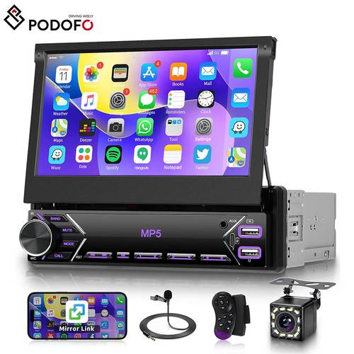 Single Din Flip Out Car Stereo Bluetooth 17.78 cm Retractable Car Din /FM/EQ USB/Type-C/AUX SWC, Car Audio Receiver MP5 Multimedia Player with Backup Camera, Auto Accessories