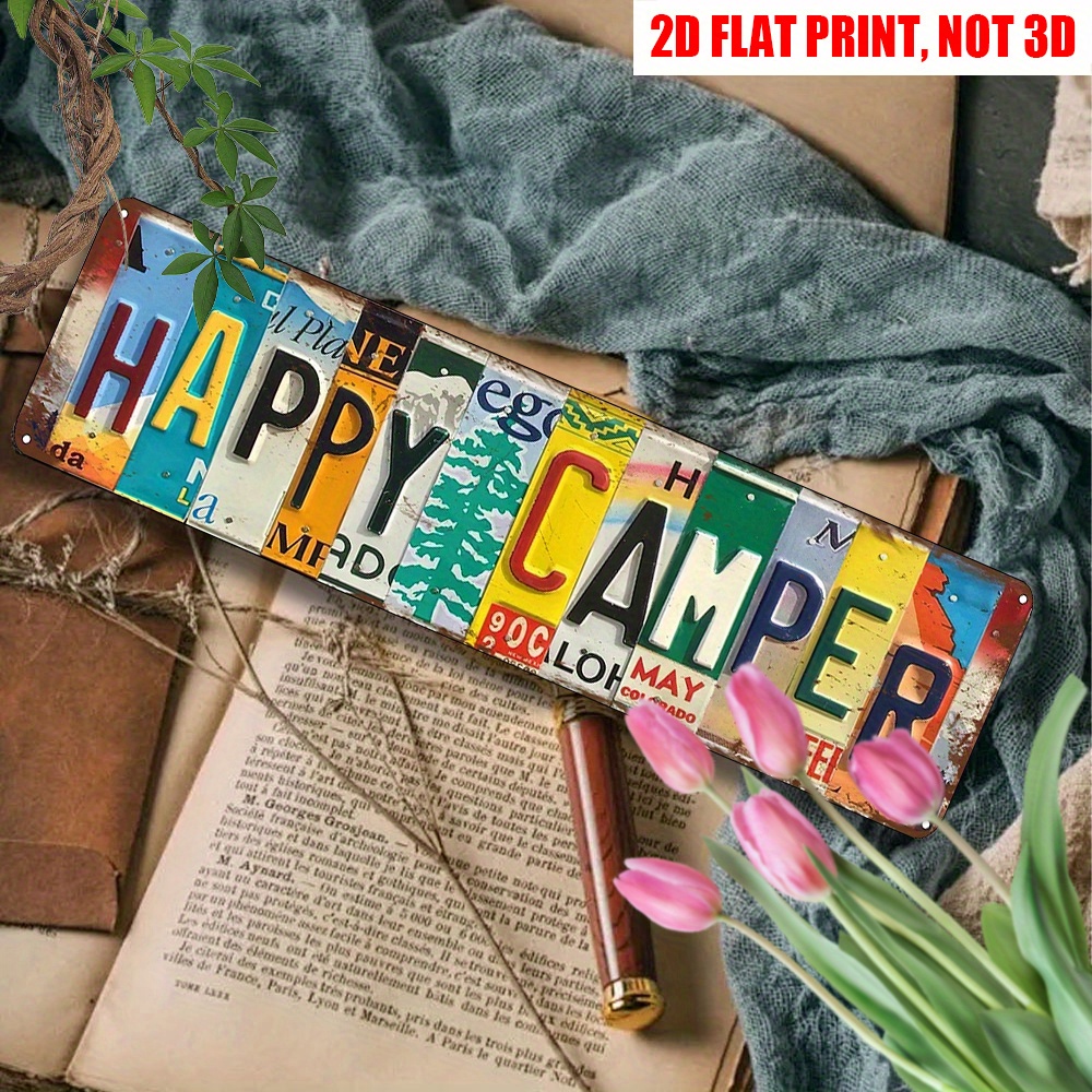 TEMU 2d Flat, 16x4 Inch 2d Flat "" Metal Sign - Rustic Vintage Wall Art With Colorful Camping-themed Letters, Pine Trees & Tent Design -