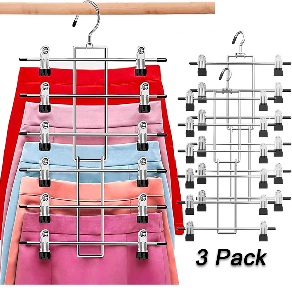 Skirt Trouser Hangers With Clips, 6 Tiers Multi Hanger With Hook, Finger-safe Design, 3-pack
