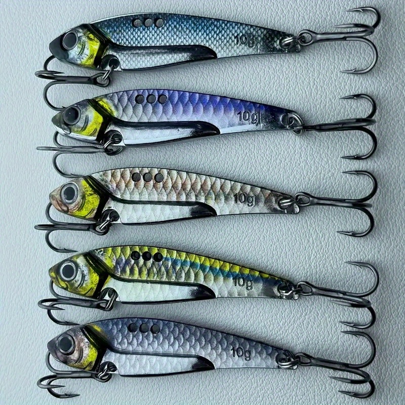 TEMU 5pcs Set Of Vibrating Spoon Lures - 10g Alloy, Assorted Colors With Realistic , High-strength Hooks - Perfect For Long-distance Fishing