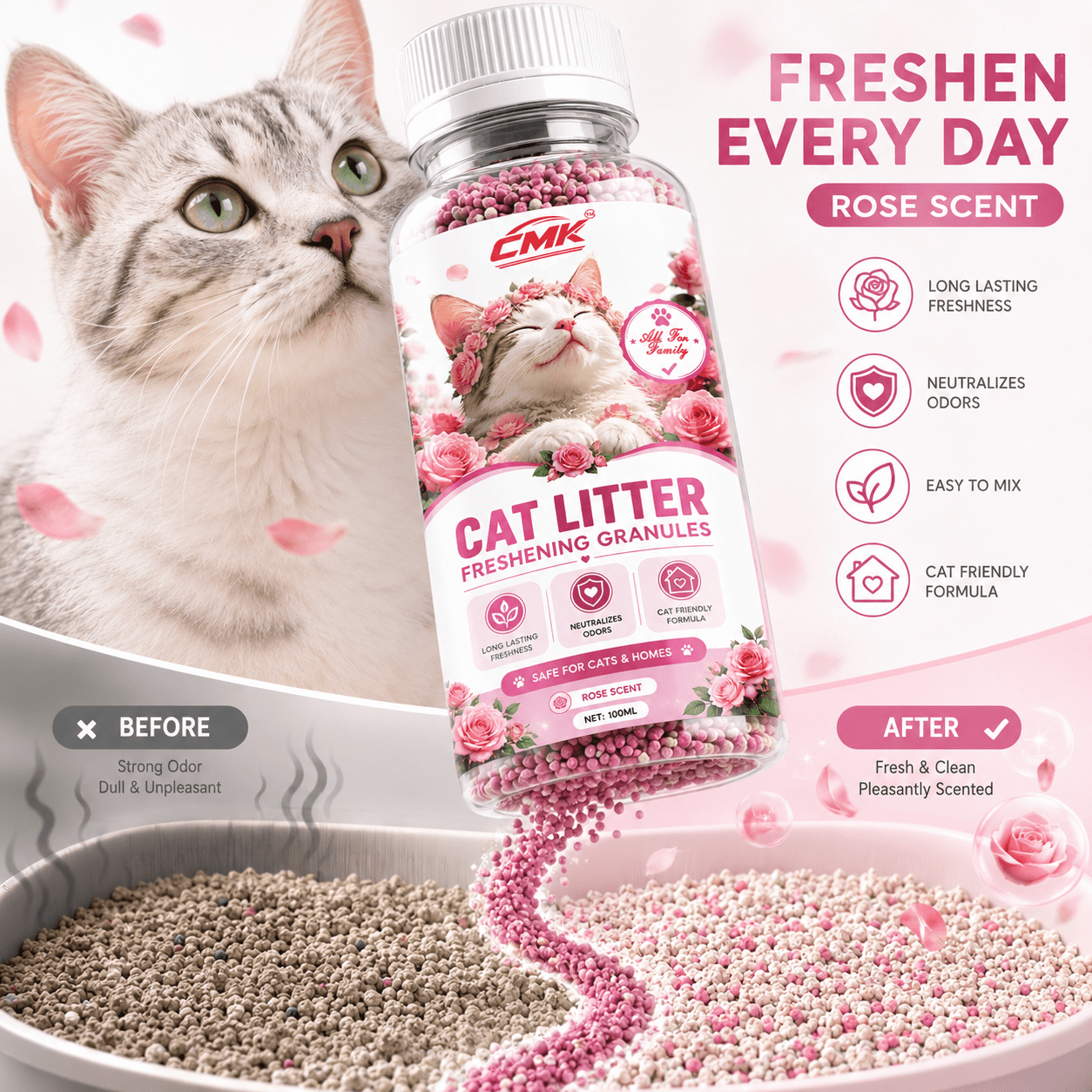 100ml cat litter deodorizing fragrance   suitable for   of all types of litter boxes   a gentle rose     neutralizes litter odors simply sprinkle     litter or mix with cat litter Product details 1