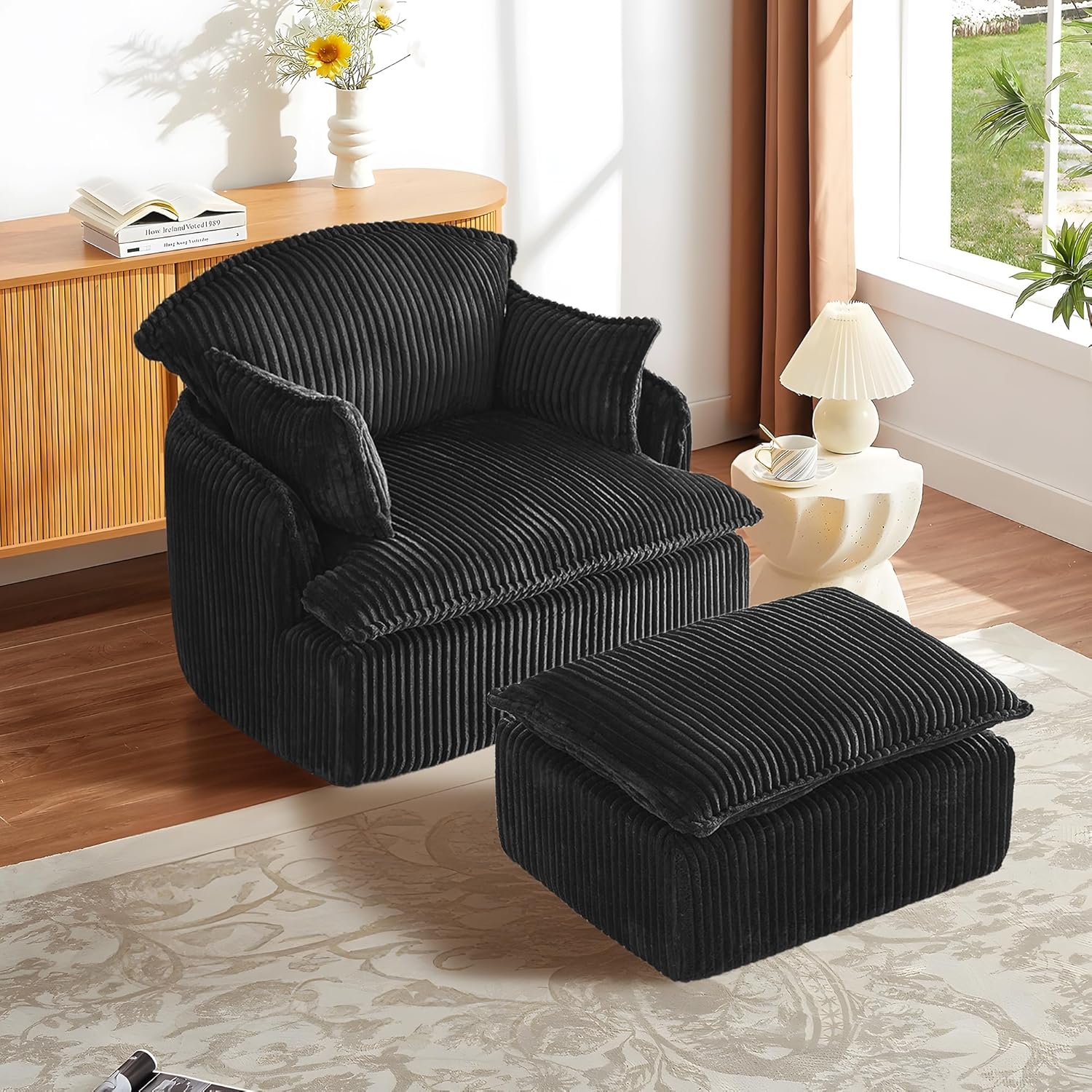Image of 108cm Accent Chair With Ottoman, Corduroy Modern Comfortable Reading Chair, Compact Recliner Chair, For Living Room, Bedroom, Office