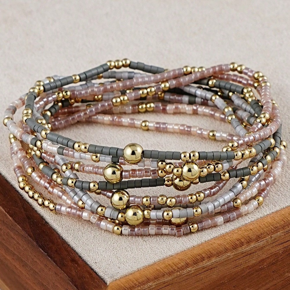 Image of 9pcs Women's Bohemian Vintage Stained Glass Round Ccb Beaded Bracelet Set, For Daily Wear, Vacations, And Parties, Birthday Gift, Valentine's Day Gift