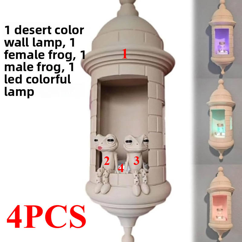 TEMU 4pcs (1 Wall Lantern, 1 Female Frog, 1 Male Frog, 1 Led Colorful Lamp) Puerto Wall Castle Statue Wall Hanging Decoration, 3d Printed, Holiday Decoration, No Batteries Required., Festive Wall
