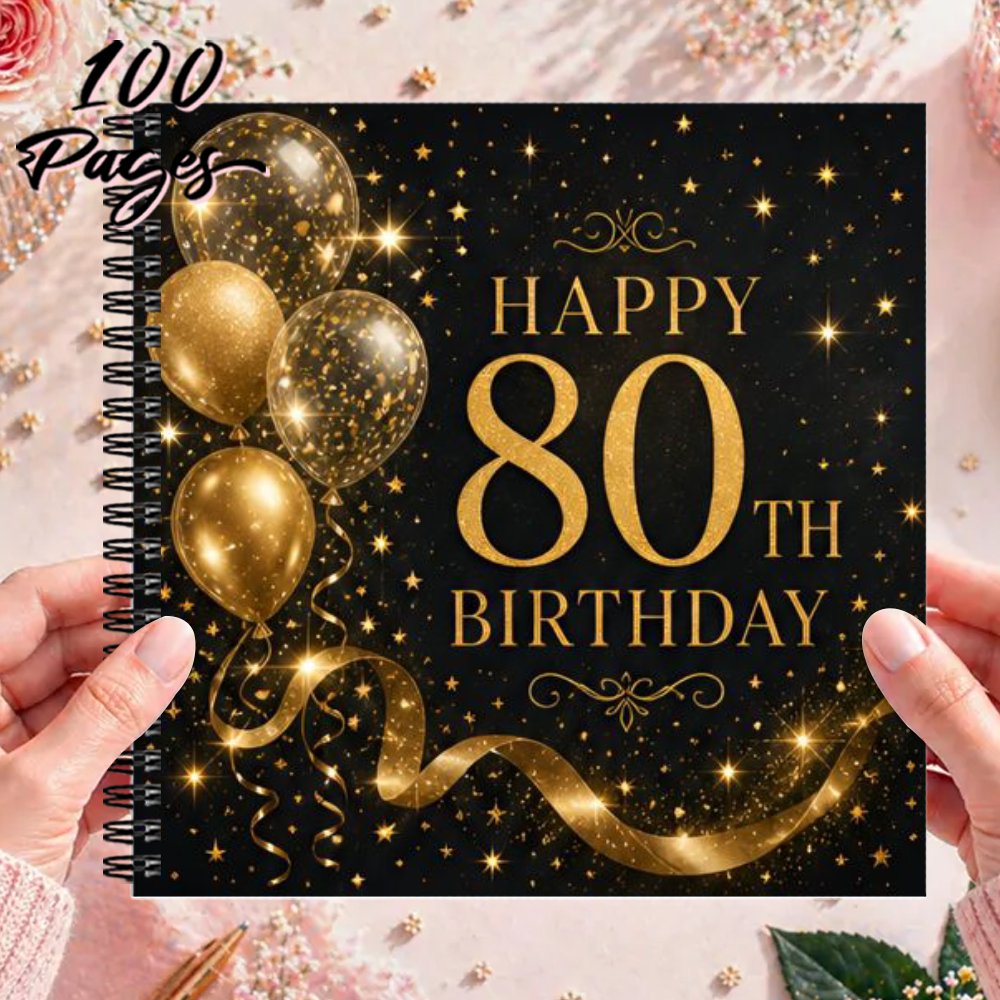 TEMU 1pc 20x20cm Birthday Guestbook, 80th Happy Birthday Guestbook For 80th Birthday Party, Black Golden Glitter Balloon Themed Keepsake Message