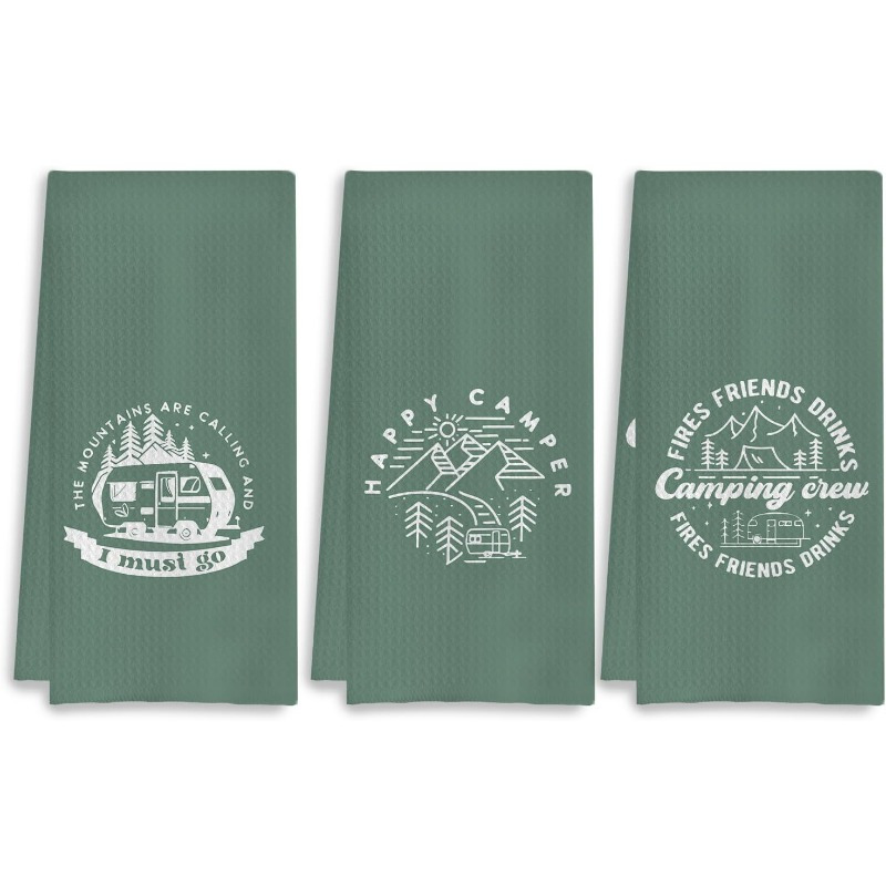 TEMU 3pcs Set 18*26 Inch Green Camping Kitchen Towels, Camping Decorations, Camping Napkins, Towels, Camping Hand Towels, Camping Towels, Camping