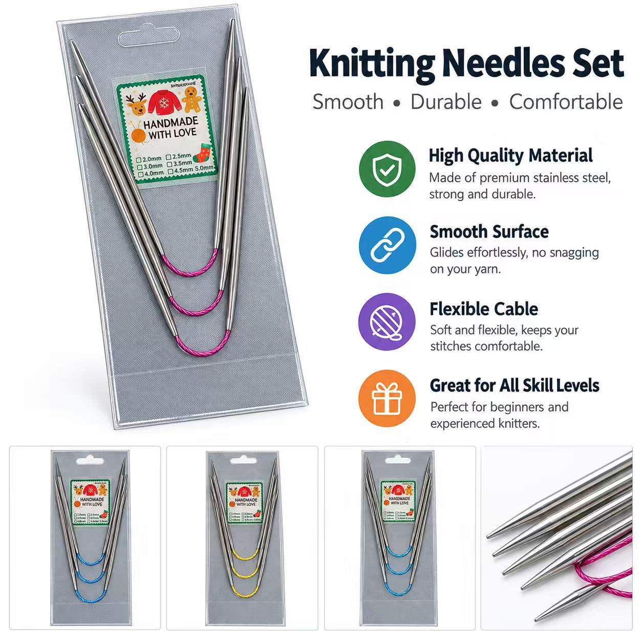 Flexible Double-Pointed Knitting Needles Set, 9 Inch