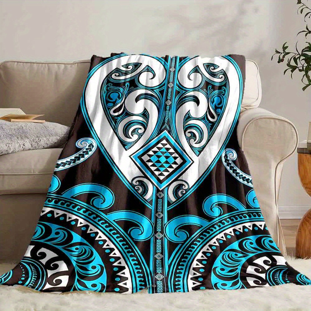 TEMU Sky Blue, Free As A Bird Maori Tribal Pattern Blanket – Soft Flannel Cover With Turquoise And Black Tribal Design, Travel