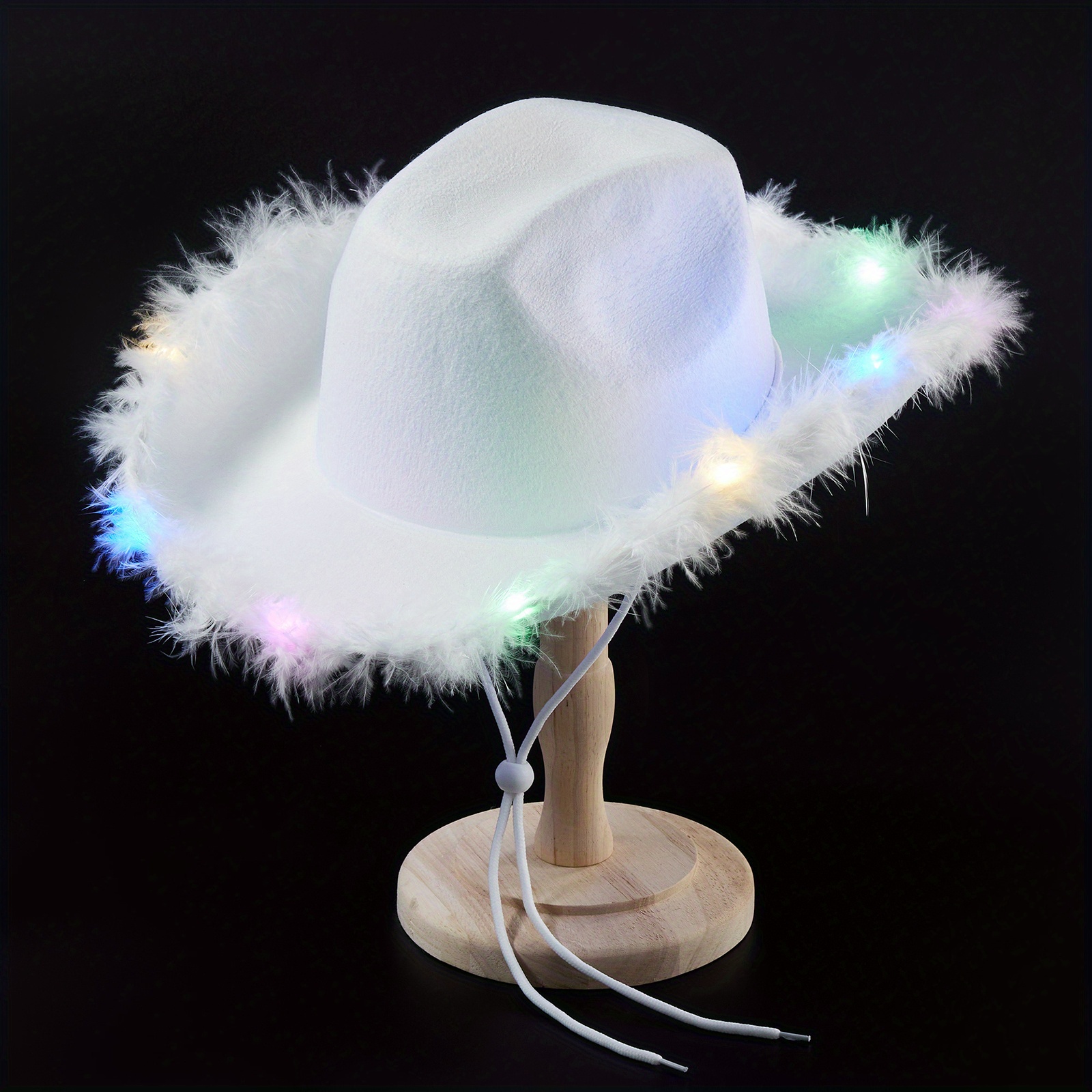 Womens Pink Fluffy Feather Trim Cowboy Hat with Colorful LED Light White  Cowgirl Hat for Parties