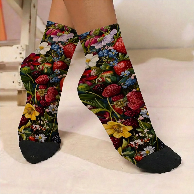 TEMU 1 Pair Of Women's Thin Ankle Socks With A Vibrant Strawberry And Floral Print Pattern. A New, Fashionable, And Versatile Style Suitable For