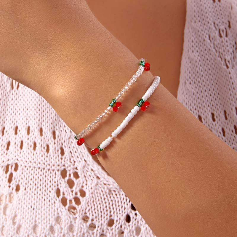 Image of 2pcs Elegant Glass Bead Bracelet Set For Women - Cherry & Red Gems, Elastic Bands, Perfect For Summer, Vacation, And Everyday Wear, Everyday Bracelet|cherry Theme|glossy Finish