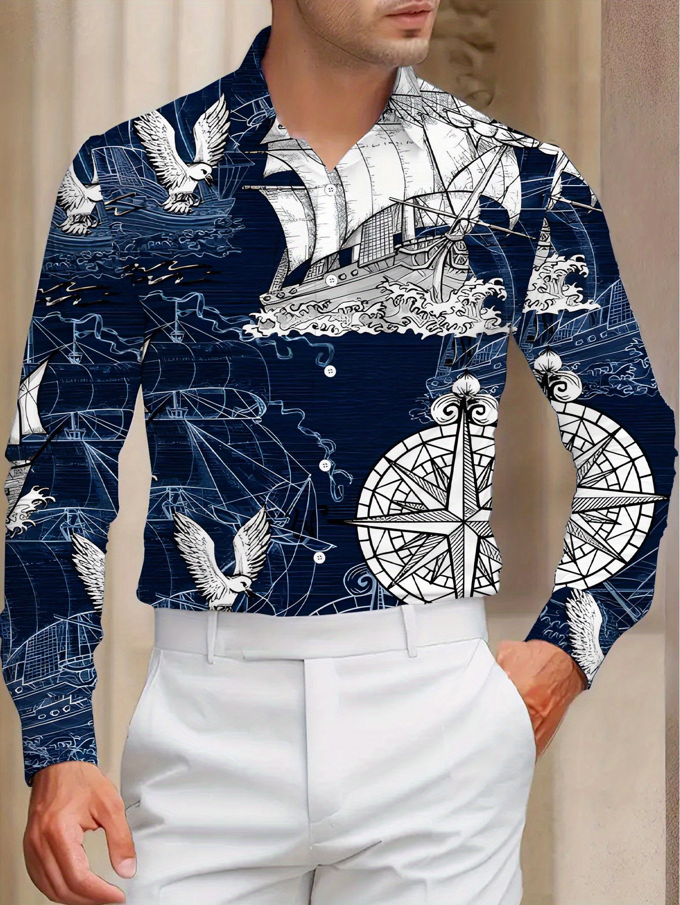 mens stylish long sleeve shirt with nautical sailboat bird   dark   up collar   casual or dressy occasions   wear nautical shirt