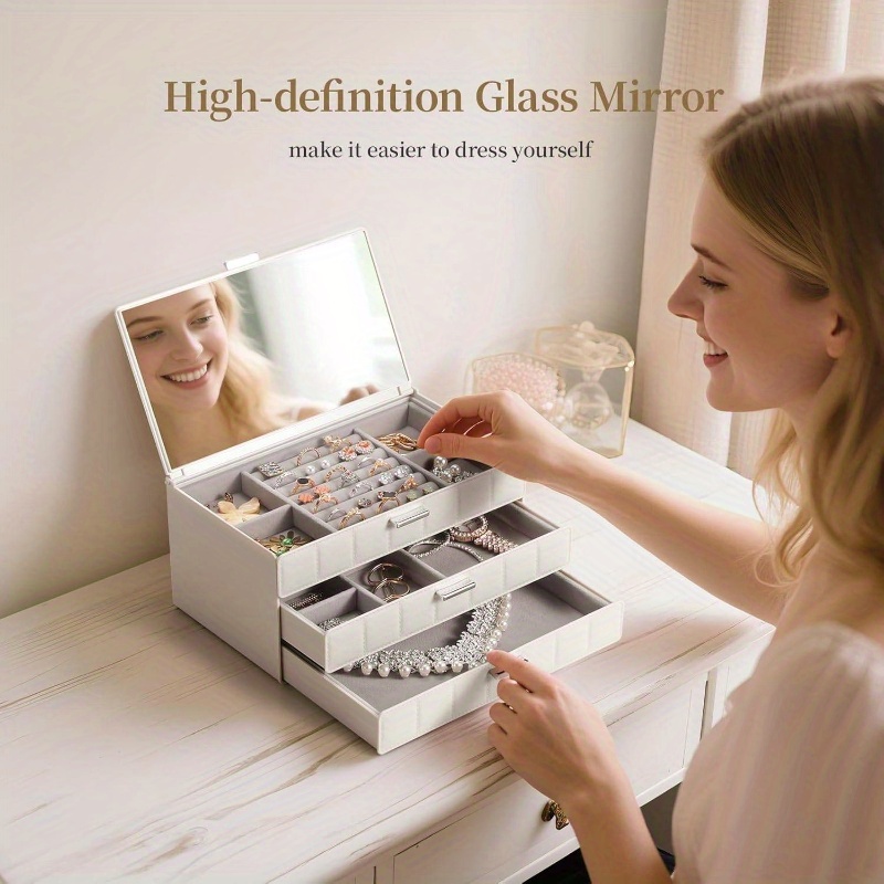 women s large jewelry box organizer with   - waterproof & dustproof heavy-duty plastic construction, white   leather-like texture, golden-  hinges & clear drawers - medium size with soft cushioned compartments for earrings, rings, necklaces, bracelets storage -     for home or travel, large jewelry organizer storage, jewelry box, jewellery box packaging, jewelry storage organizer, small jewelery holder Product details 7