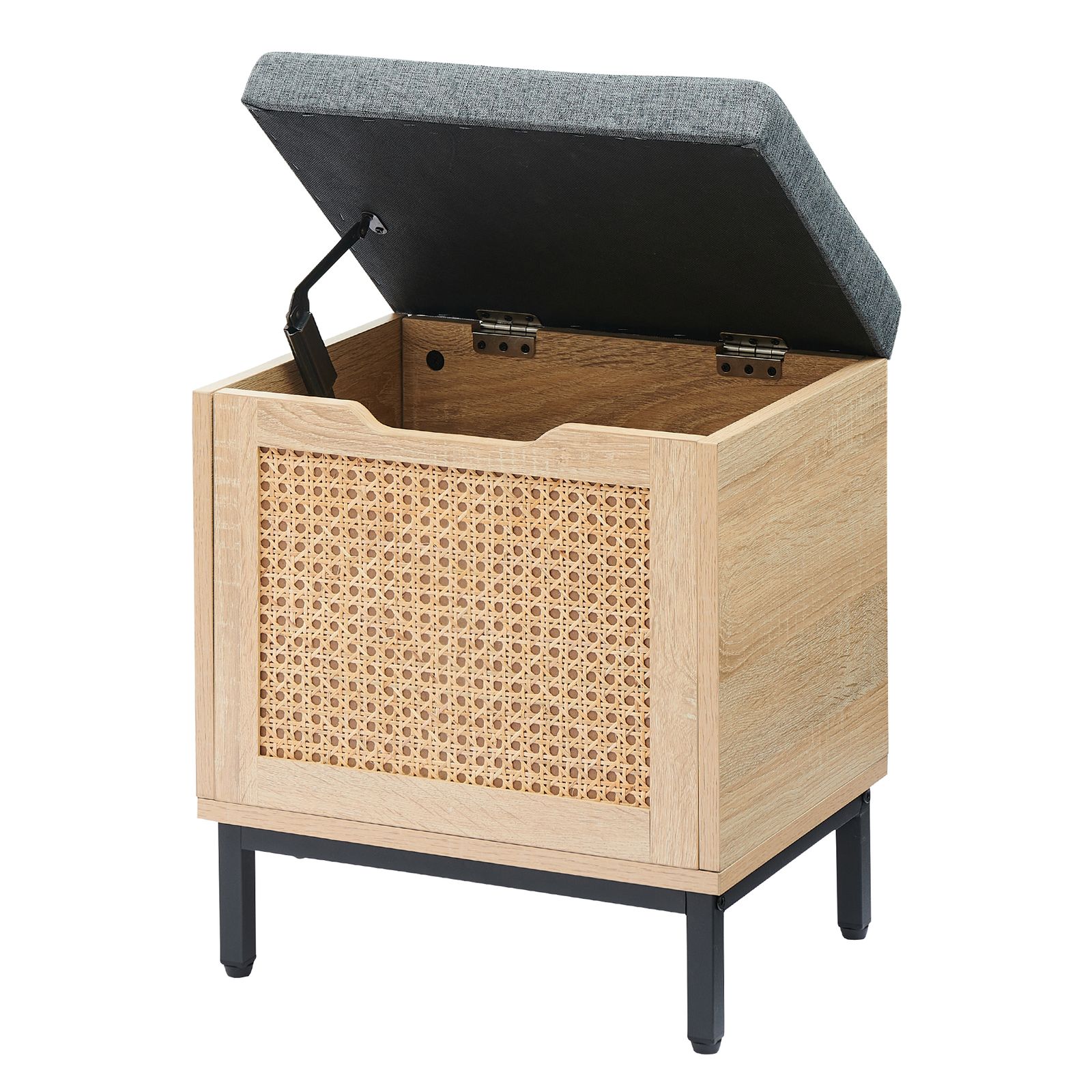 16-inch Natural Rattan Storage Bench Featuring A Top Chest, Complete With A Seating Cushion And Safety Hinges, Perfect For An Entryway, Bedroom, Living Room, Or Dorm