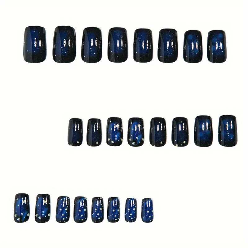 TEMU 24pcs Starry Sky Pressure Nail Set Black/ Tone With Gloss Medium Length Square Pattern Detachable Nail Set Perfect For Women And Valentine's Day, Thanksgiving Day, And Party Gifts