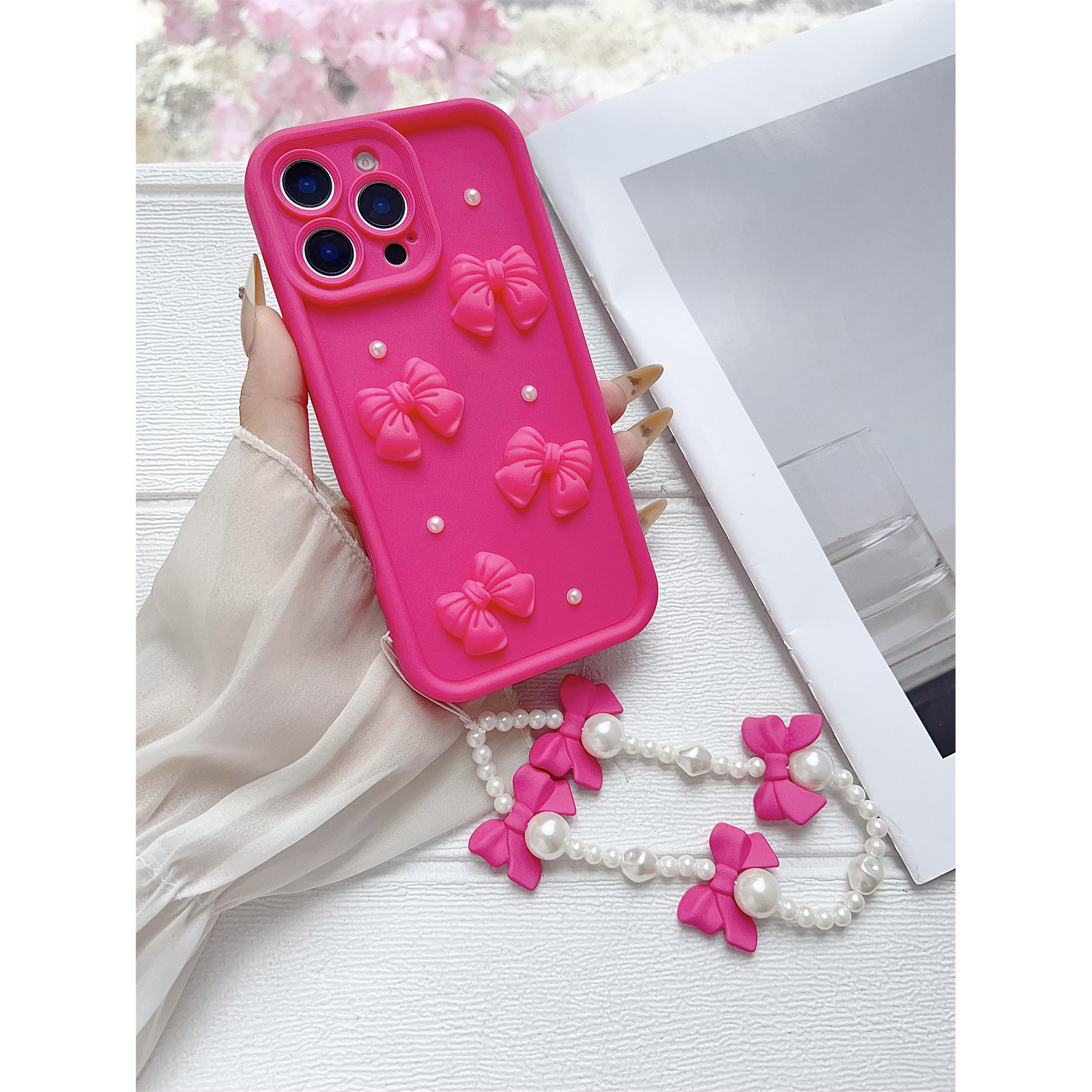 TEMU Phone Case: A Solid Rose-red Pearl Bow Frosted Phone Case, With A Solid-color Bow Pearl Bracelet, A Drop-proof And Anti-slip Soft Phone Case.