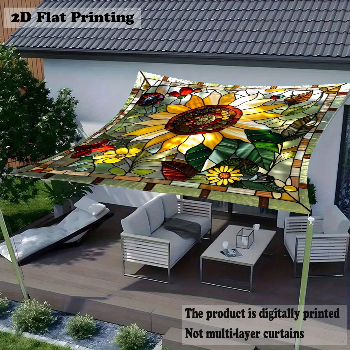 TEMU 2d Printed Outdoor Sun Shade, 150x150cm/ 59x59inch, With European Style Stained Glass Sunflower Pattern Suitable For Courtyards, Gardens, Cafes