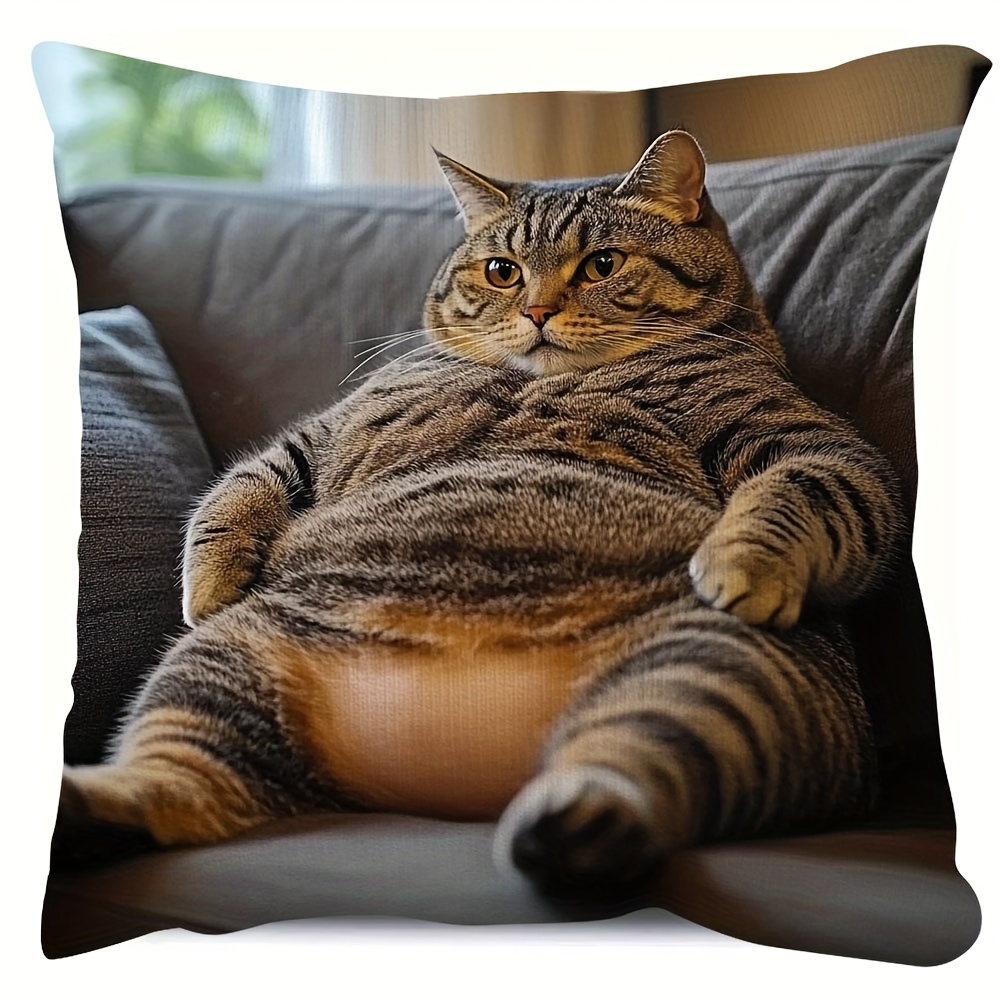 TEMU Housse de coussin extra large 2D - Motif chat tabby en peluche imprimé 2D plat, disponible dans des de marron, gris, noir, blanc et beige. Elle