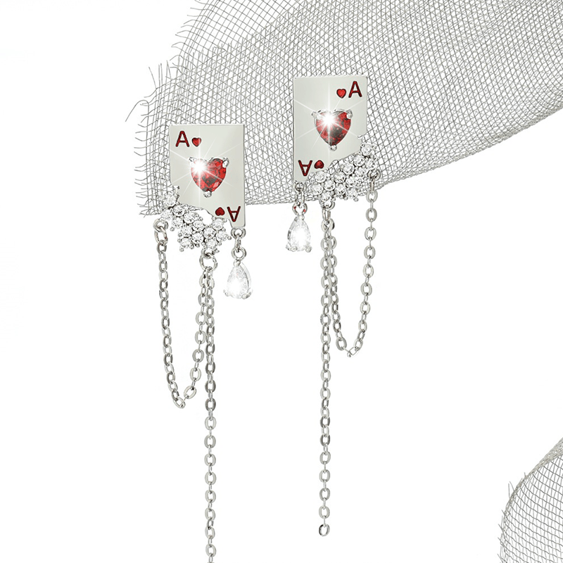 TEMU 2pcs Men's & Women's Ace Of Hearts Earrings - Layered Tassel Chain & Heart-shaped Dangle Suitable For , Stackable Layered Ear Accessories For