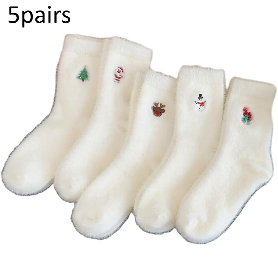 TEMU 5 Pairs Of Warm Christmas White Socks - Autumn/winter Style, Artificial White Christmas Socks, Decorated With Elements Such As , Santa Claus,