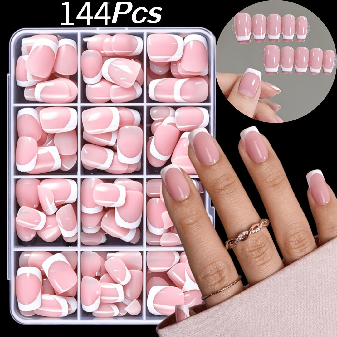 TEMU 144pcs Pink Short Square Press-on Nails Suitable For Women & Nail Art Lovers - Reusable Acrylic Full-coverage Fake Nails With 12 Sizes, Glossy